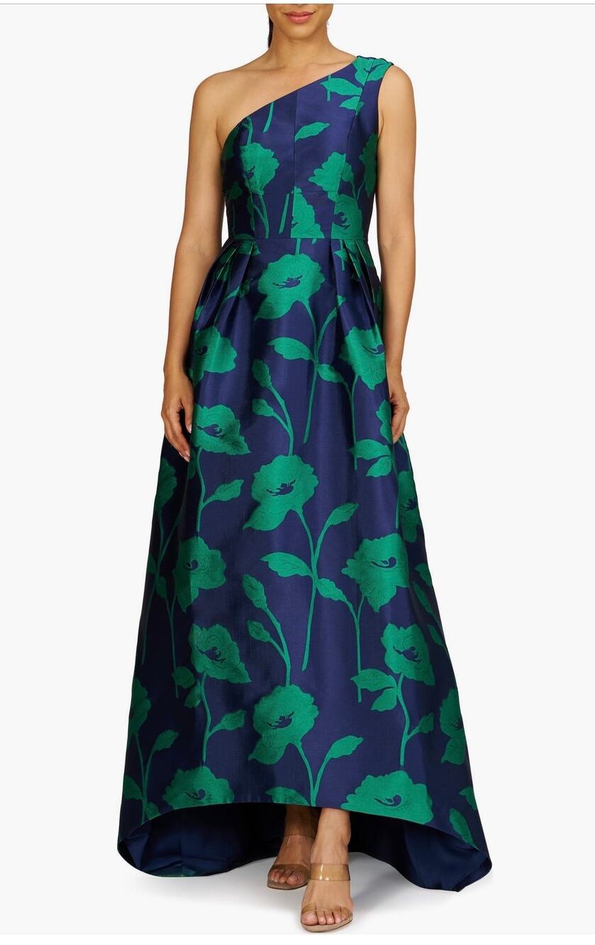 Kay Unger Tiara Floral One-Shoulder Gown - Navy/Emerald size 16 (NEW)
